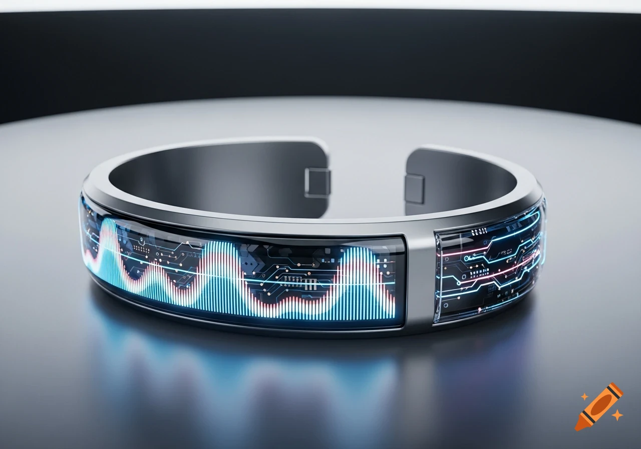 Close-up of a futuristic silver cuff bracelet with a glowing blue digital display showing waveforms and circuit patterns.