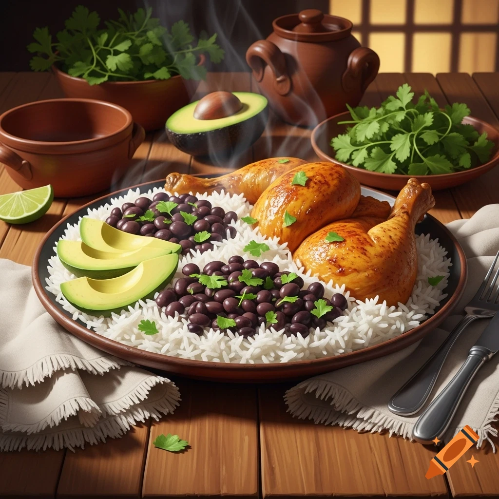A steaming plate of roasted chicken legs, white rice, black beans, avocado slices, and cilantro on a wooden table with ceramic pottery.