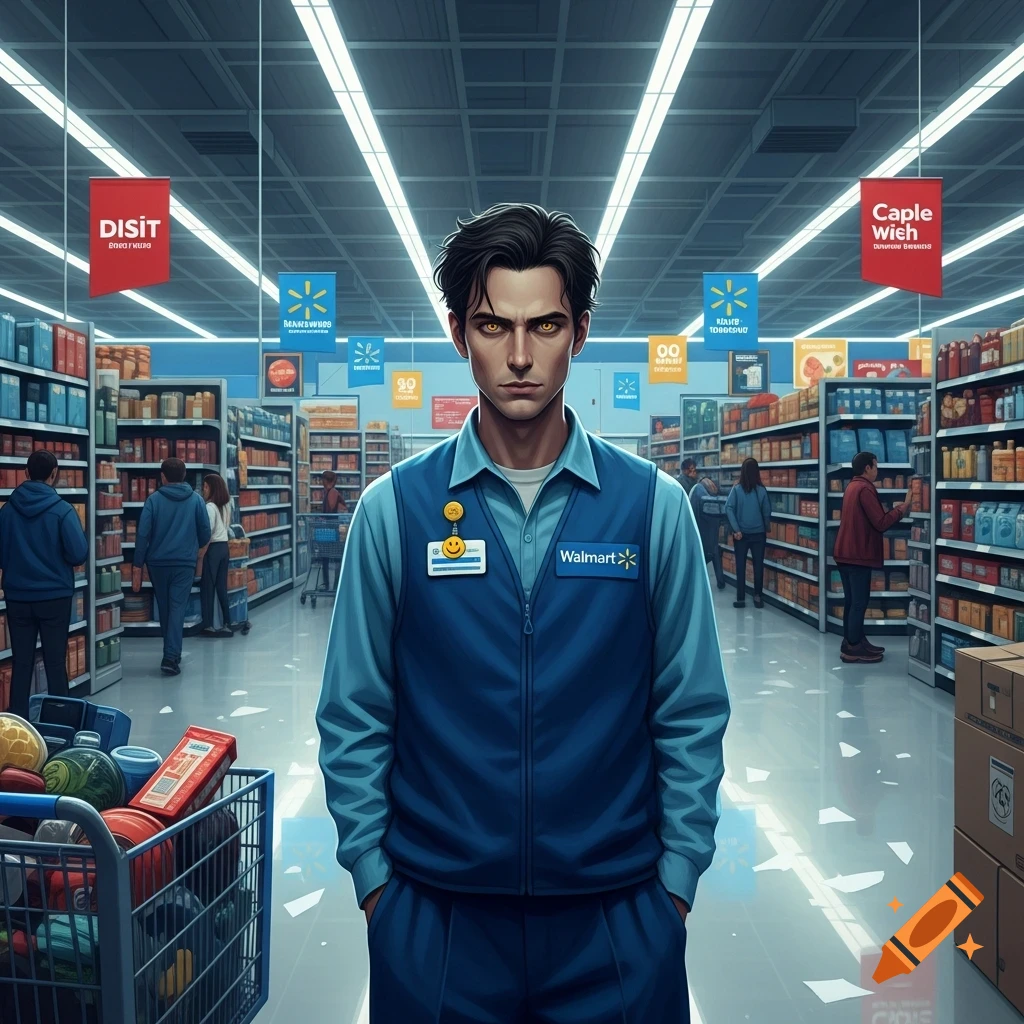 A stylized illustration of a man with yellow eyes in a Walmart uniform standing in a supermarket aisle.