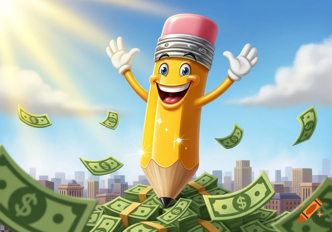 A happy cartoon pencil stands on a pile of money, with dollar bills floating around, over a city background in a bright illustration.