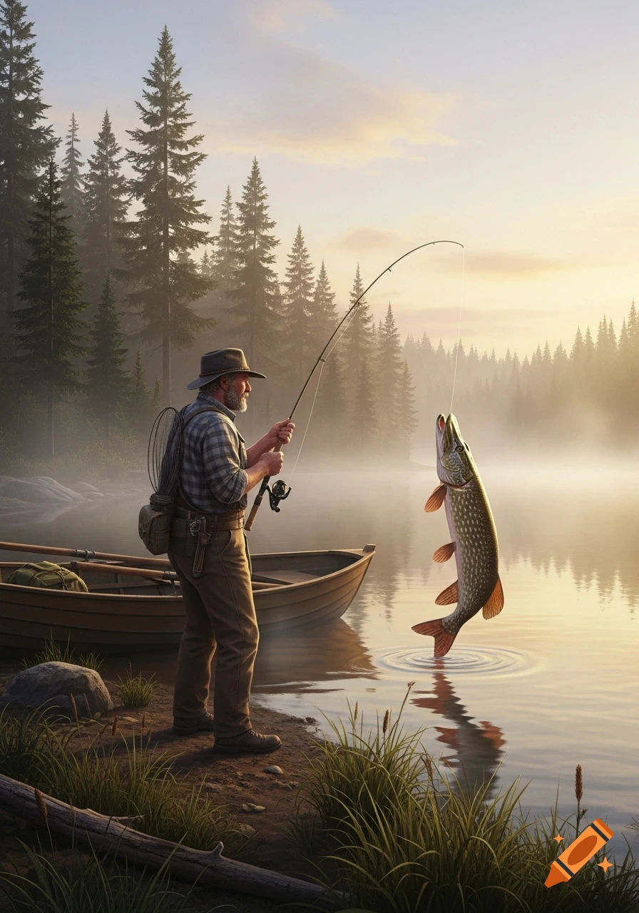 A photorealistic image of a man fishing a large pike from a misty lake surrounded by a pine forest at sunrise.