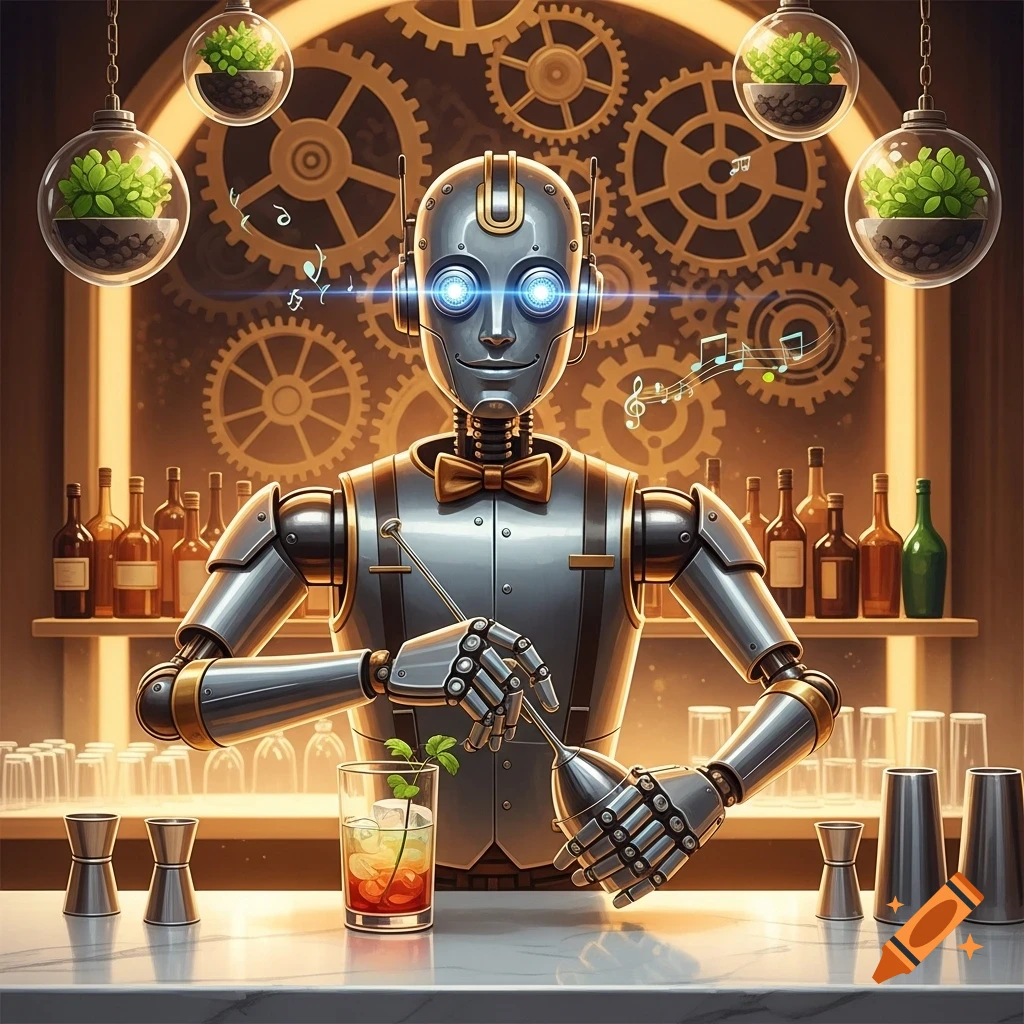 A friendly robot bartender with glowing blue eyes and a bow tie stirs a cocktail behind a bar, with gears and hanging plants in the background.