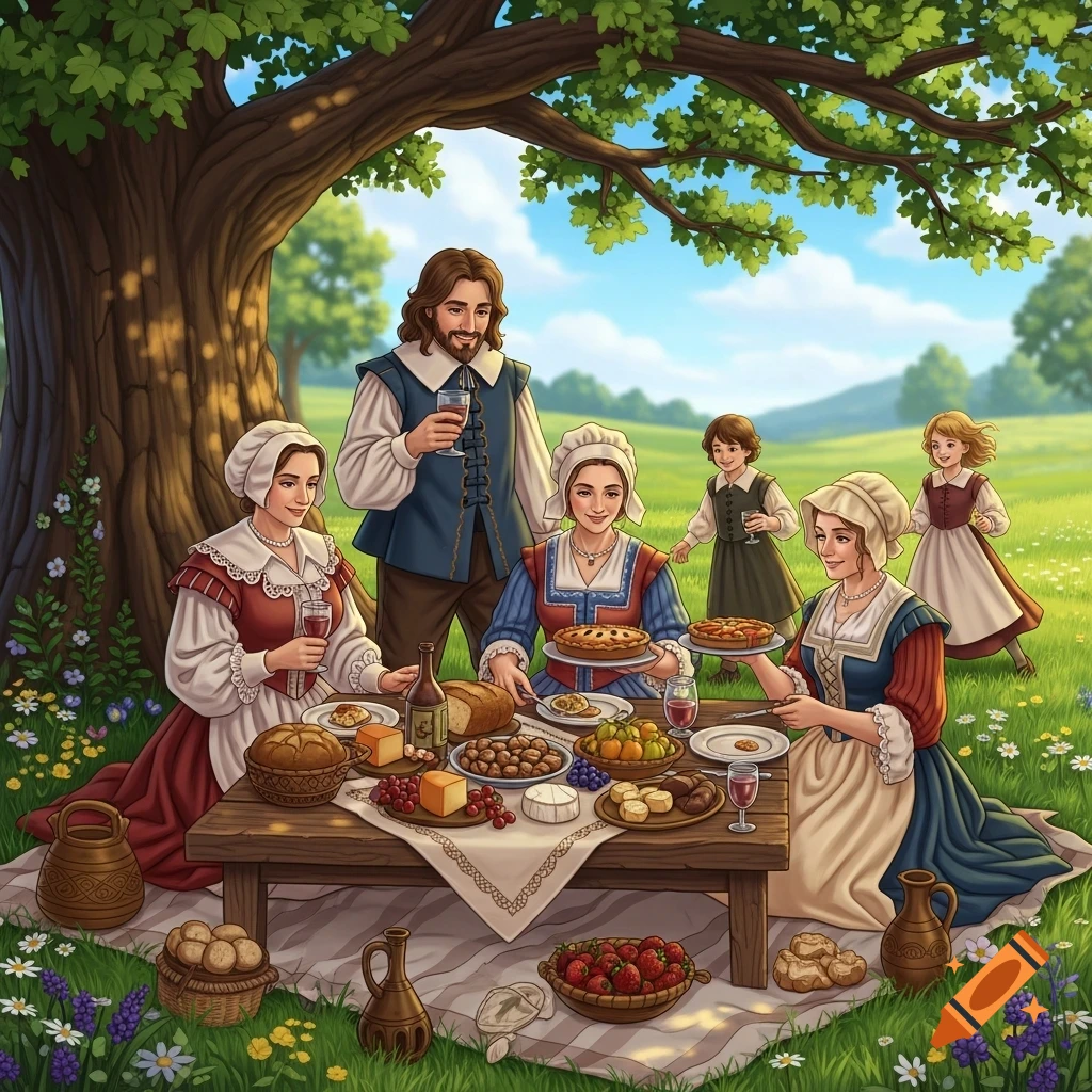 A 17th-century family picnics under a large tree in a sunny, green meadow.