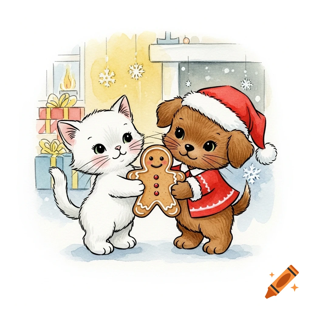 A cute white cat and a brown dog in Santa hats hold a gingerbread cookie in a cozy Christmas watercolor illustration.