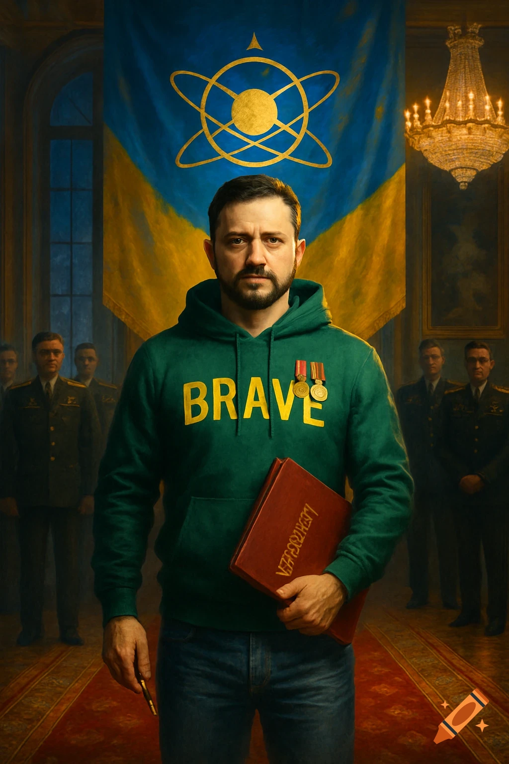 Man in a green 'BRAVE' hoodie with medals, holding a red file and pen, stands in a grand hall with a blue and yellow flag.