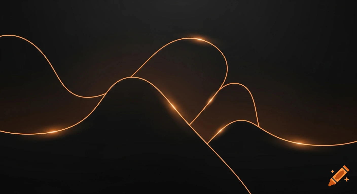 Dark minimalist background with glowing orange lines forming abstract wavy shapes.