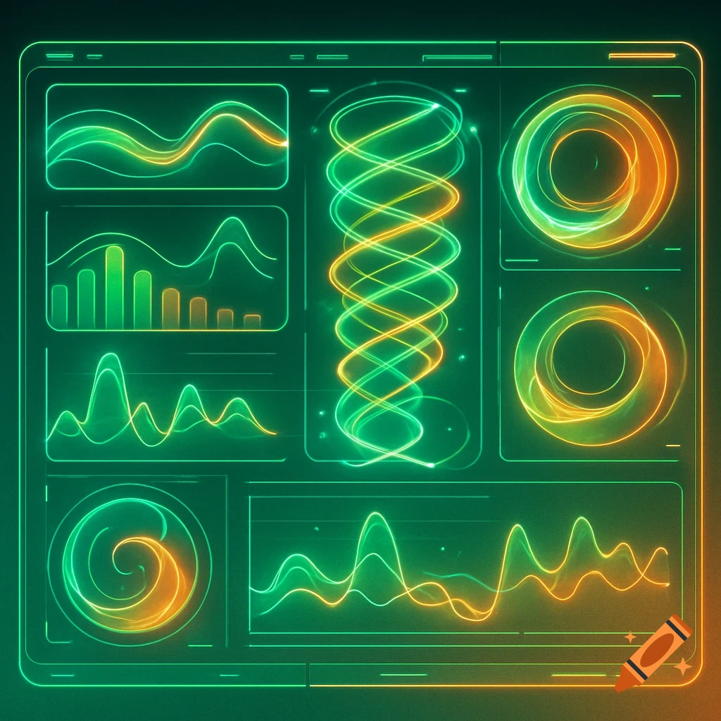 Vibrant green and orange futuristic UI dashboard with line graphs, bar charts, and swirling digital patterns.