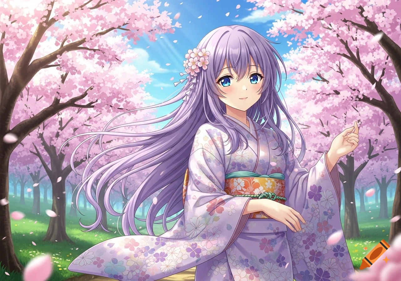 A smiling anime girl with long purple hair and blue eyes, adorned with flowers, wears a kimono amidst a vibrant cherry blossom garden.