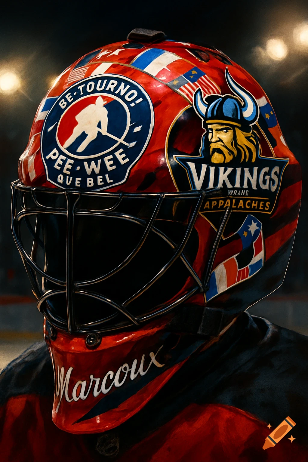 A red hockey goalie helmet with various logos and flags, including a hockey player silhouette, "VIKINGS", and "Marcoux" on the chin.