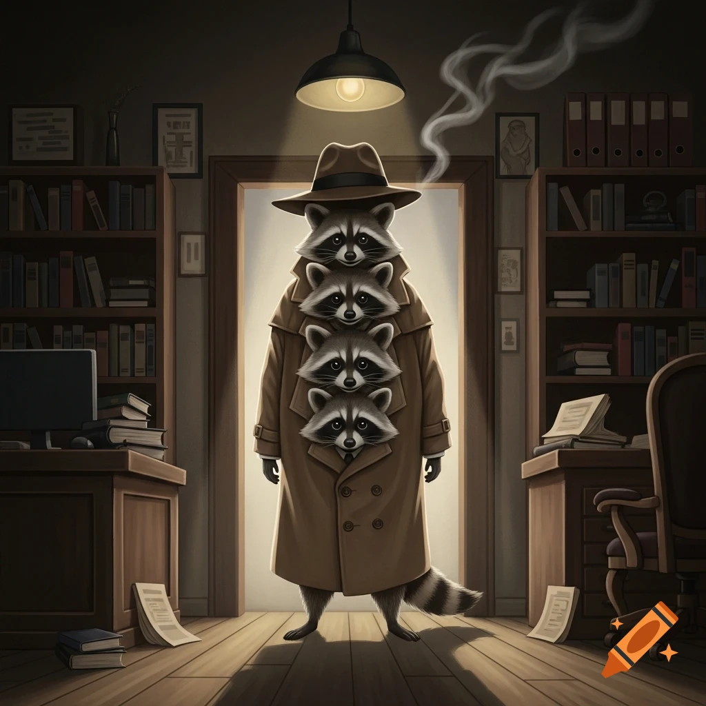 Three raccoons stacked inside a trenchcoat and fedora stand in a dimly lit detective's office with bookshelves.