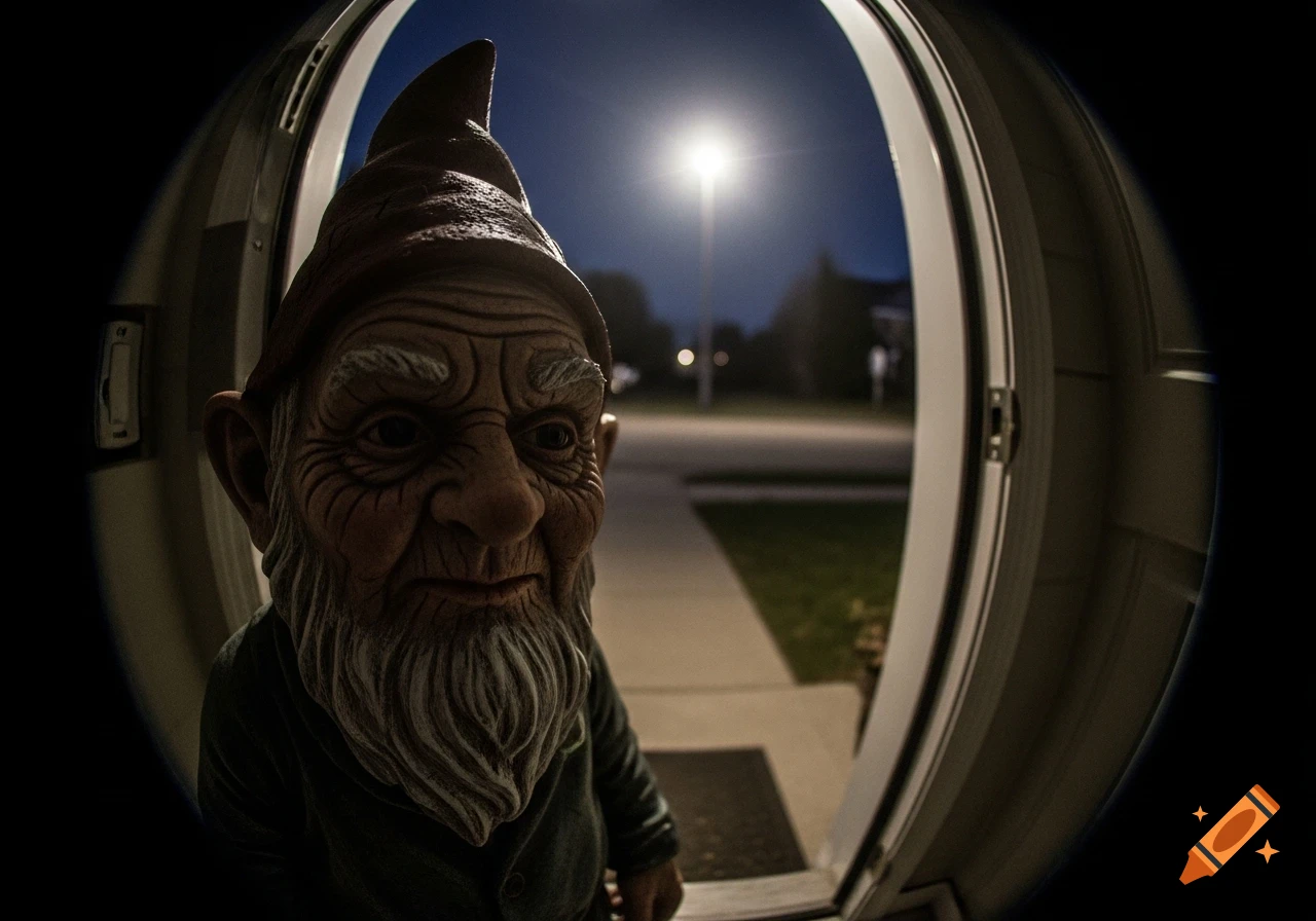A close-up, fisheye view of a rough-skinned garden gnome at night, seen through a doorbell camera with a street light in the background.