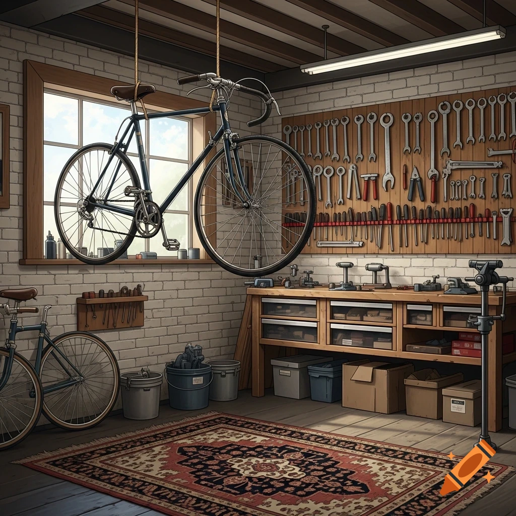 A photorealistic bicycle repair shop interior with a bike hanging from the ceiling, a workbench, a tool wall, and a patterned rug.
