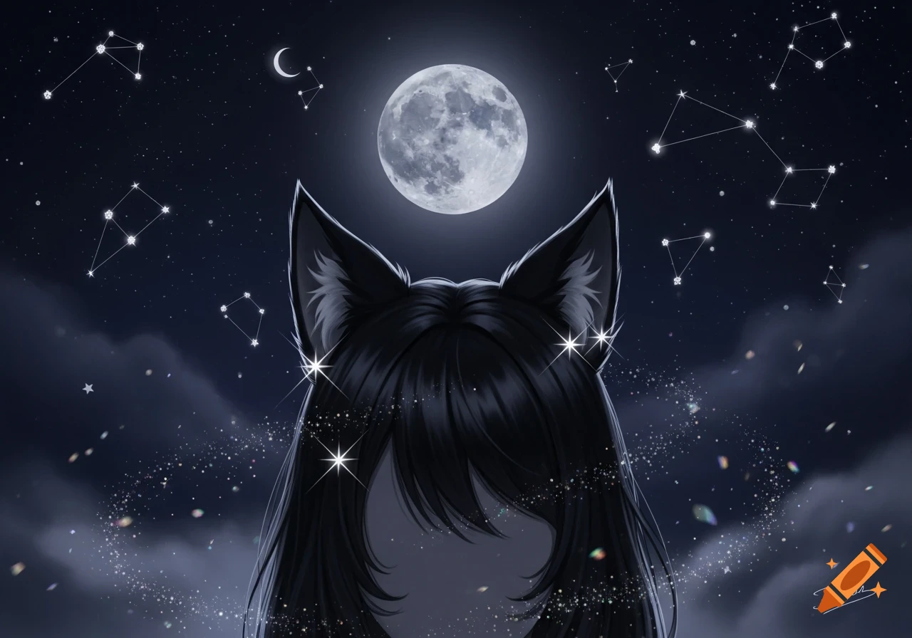 Anime character with black cat ears and hair from behind, looking up at a detailed full moon and constellations in a dark night sky.