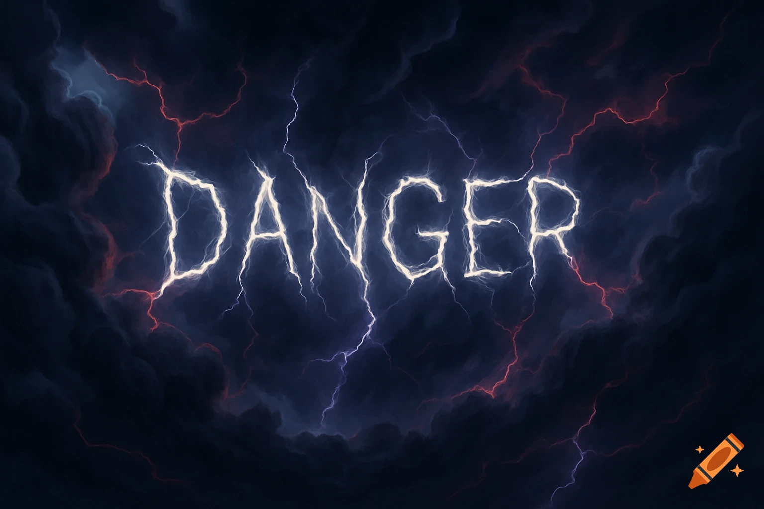 The word DANGER rendered in white lightning against a dark, cloudy, stormy sky with flashes of red and blue lightning.