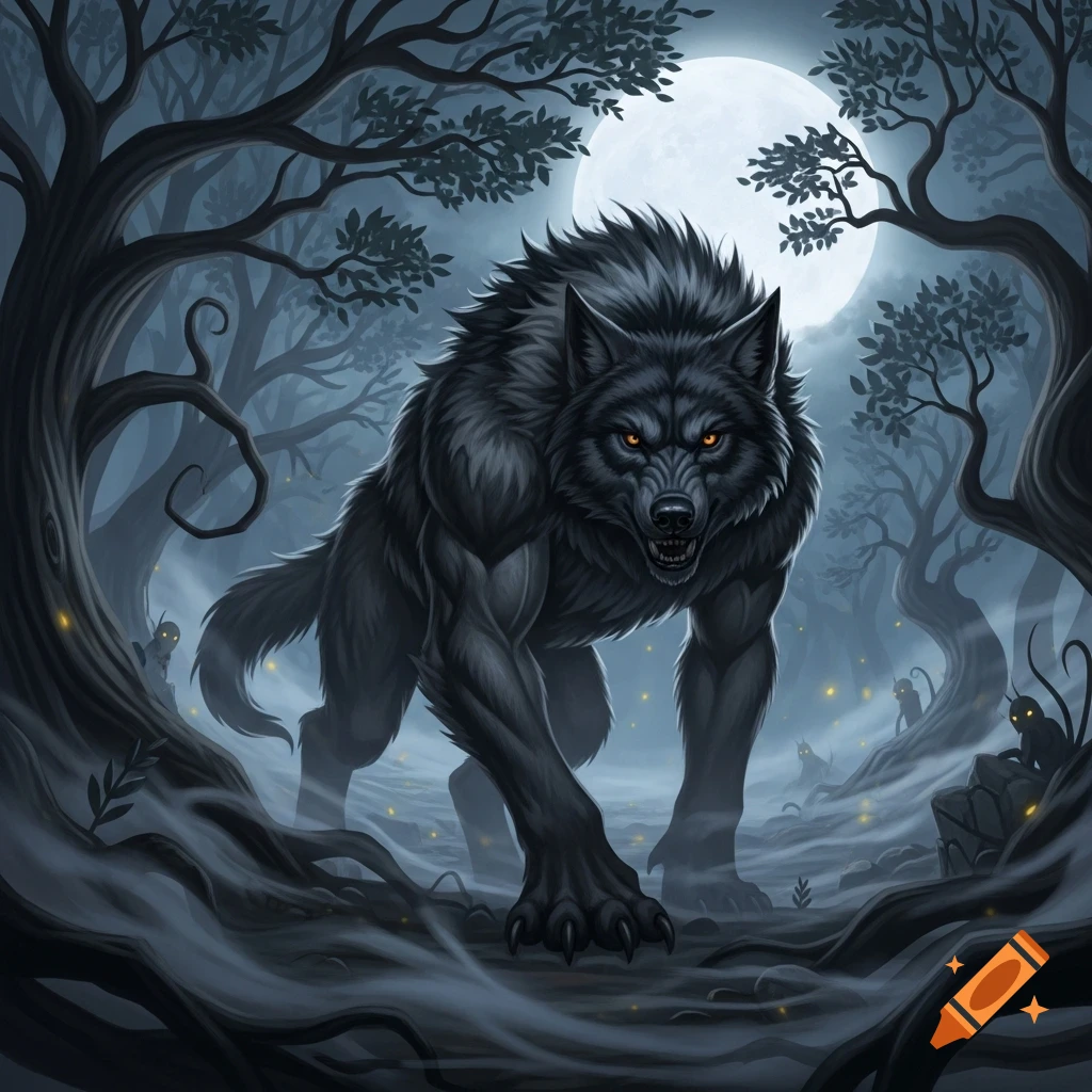 A menacing black werewolf with glowing orange eyes stands in a dark, foggy forest under a full moon, with small shadowy creatures in the background.