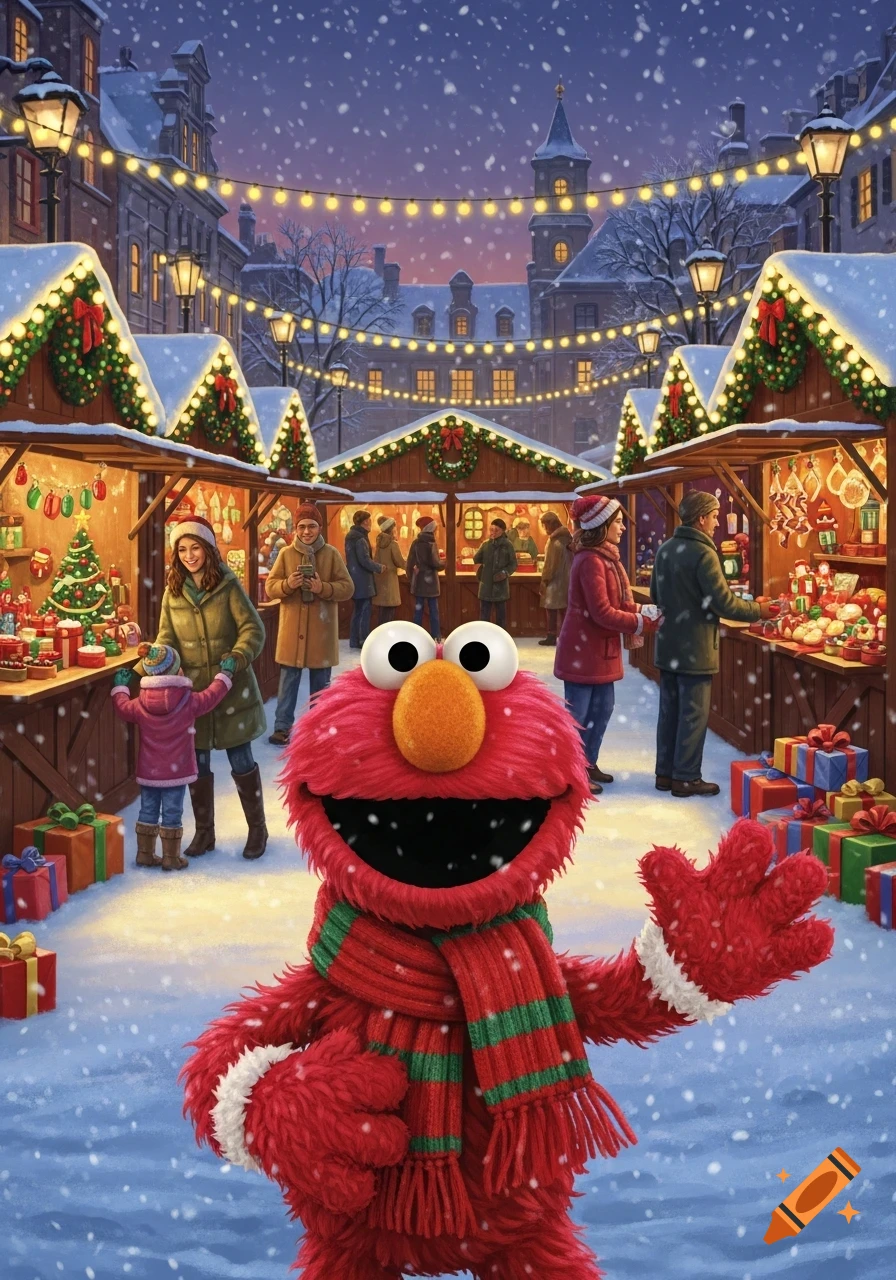 Elmo waves at a snowy Christmas market at night, with festive stalls and shoppers in the background, in an illustrated style.