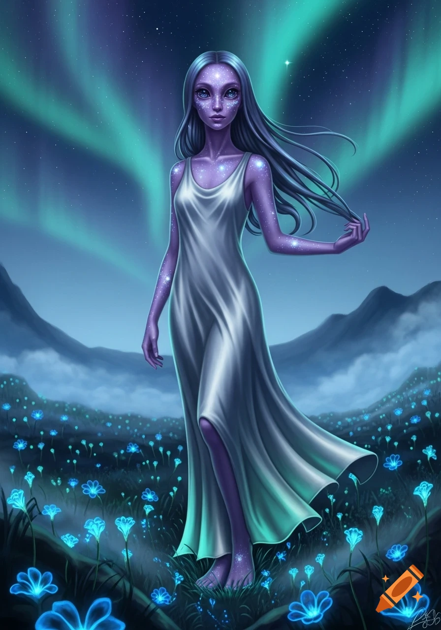 A purple alien woman with glowing skin and hair stands in a field of bioluminescent flowers under a starry night sky with aurora.