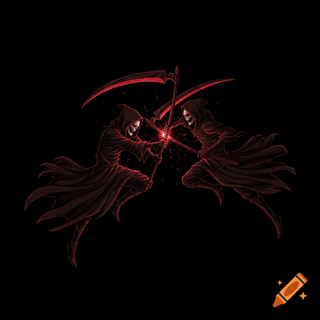 Two anime grim reapers in black robes and red scythes fighting on a dark background.