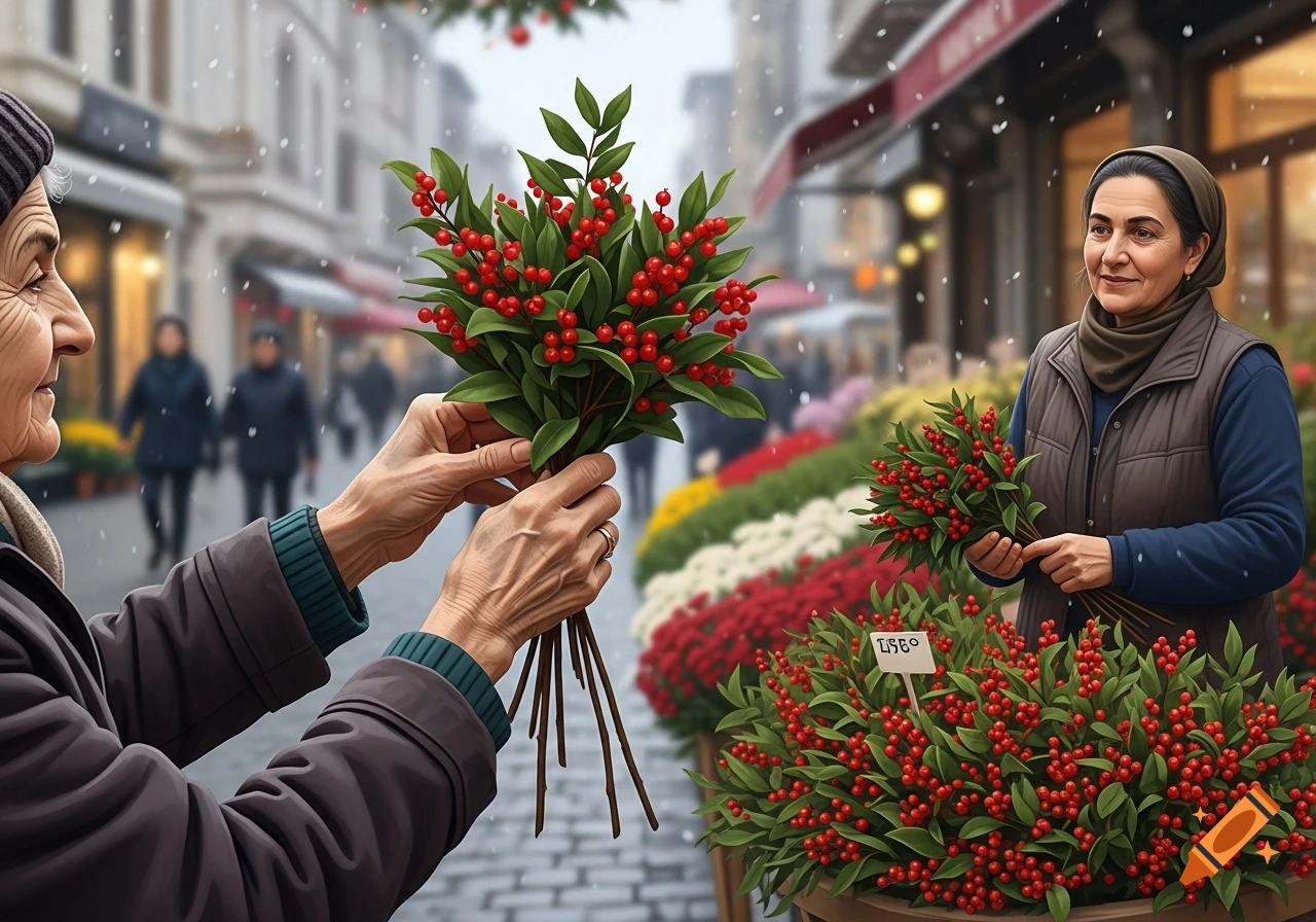 An older woman's hands hold a bouquet of red kokina berries from a street vendor in a snowy market.
