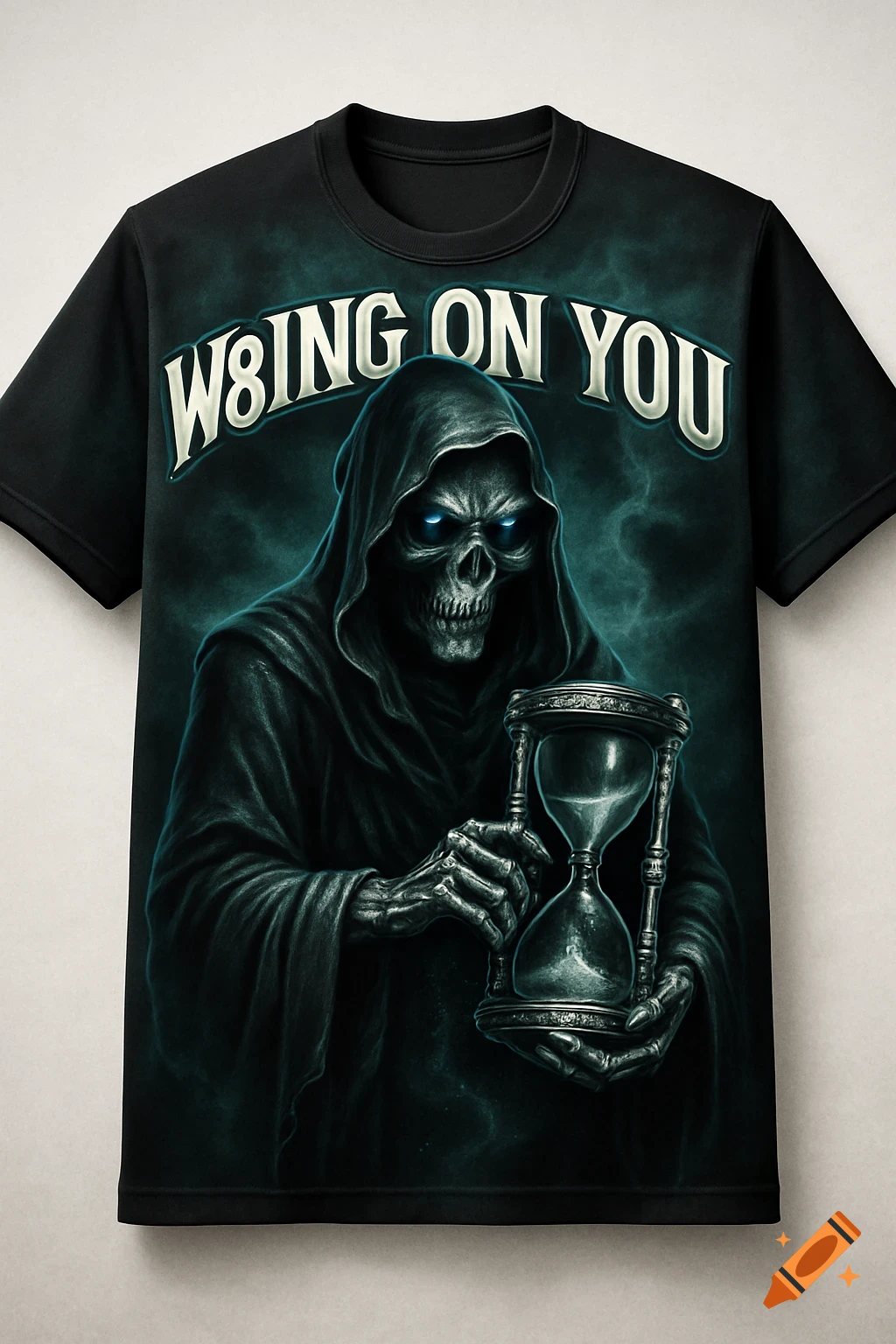 Black t-shirt featuring a grim reaper with glowing blue eyes holding an hourglass, with the text "W8ING ON YOU" above.