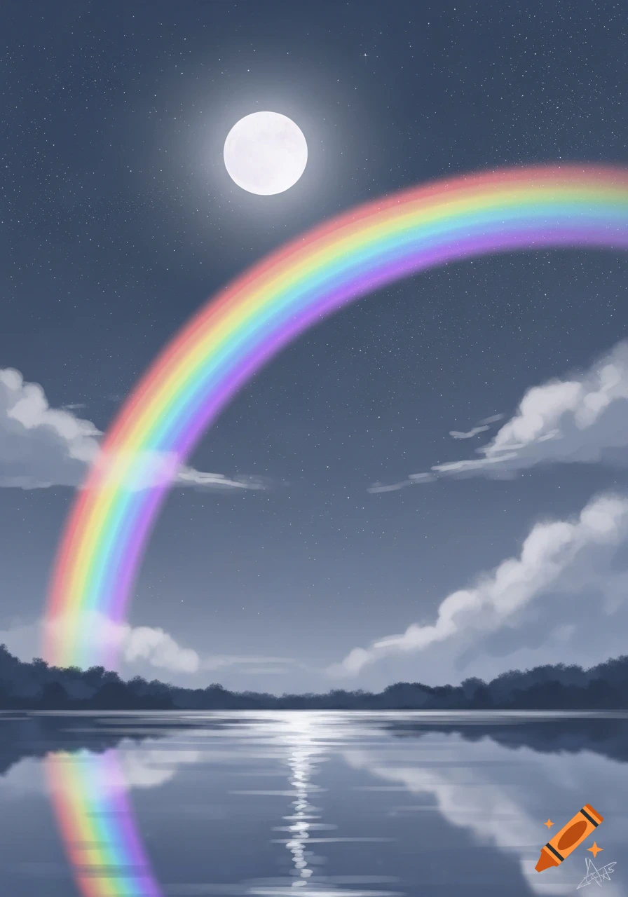 Vibrant rainbow arches over a tranquil lake at night, reflecting the full moon and stars in an illustrated style.