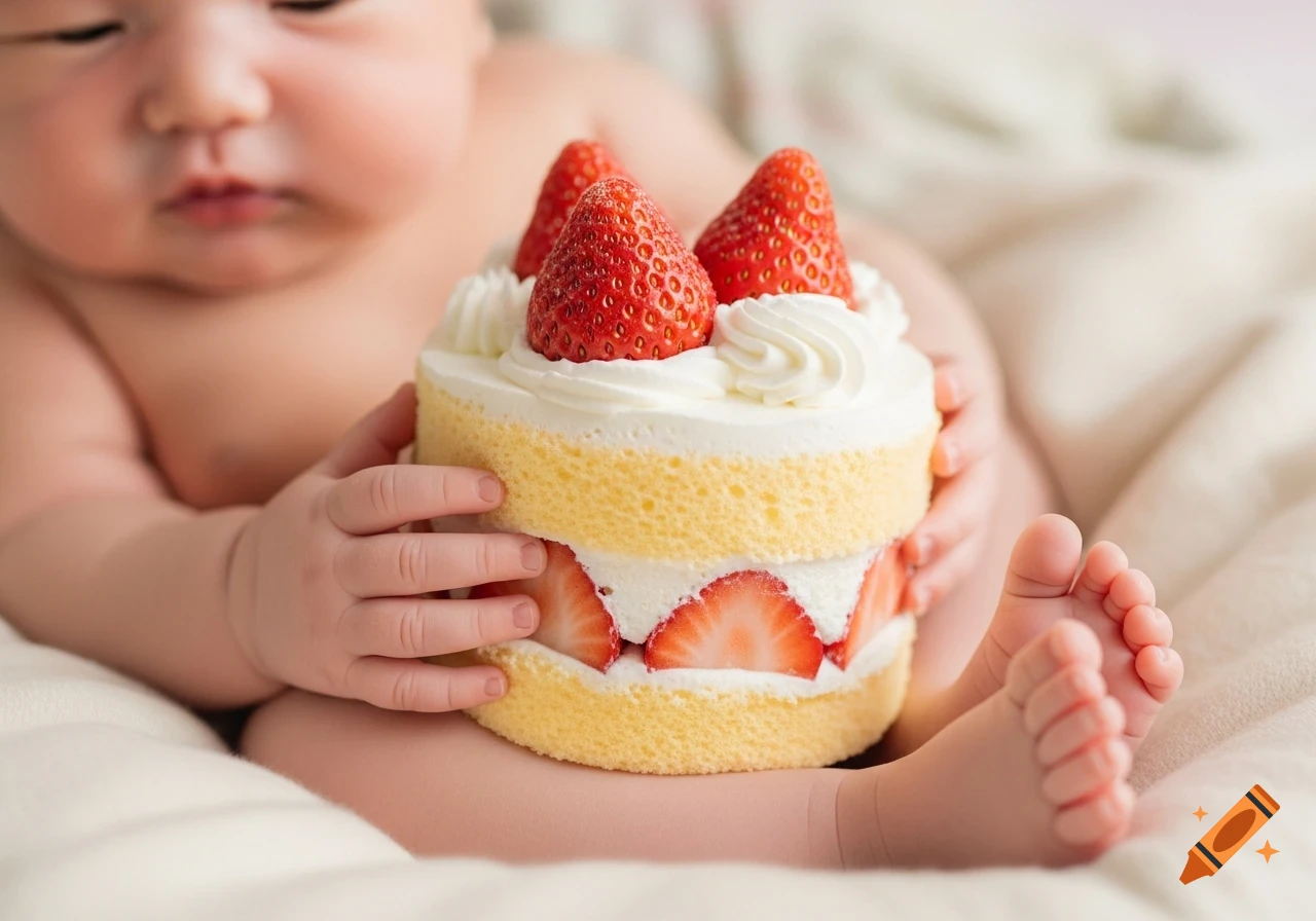 A baby's hands hold a small strawberry shortcake with cream and whole strawberries, while their feet rest beside it.