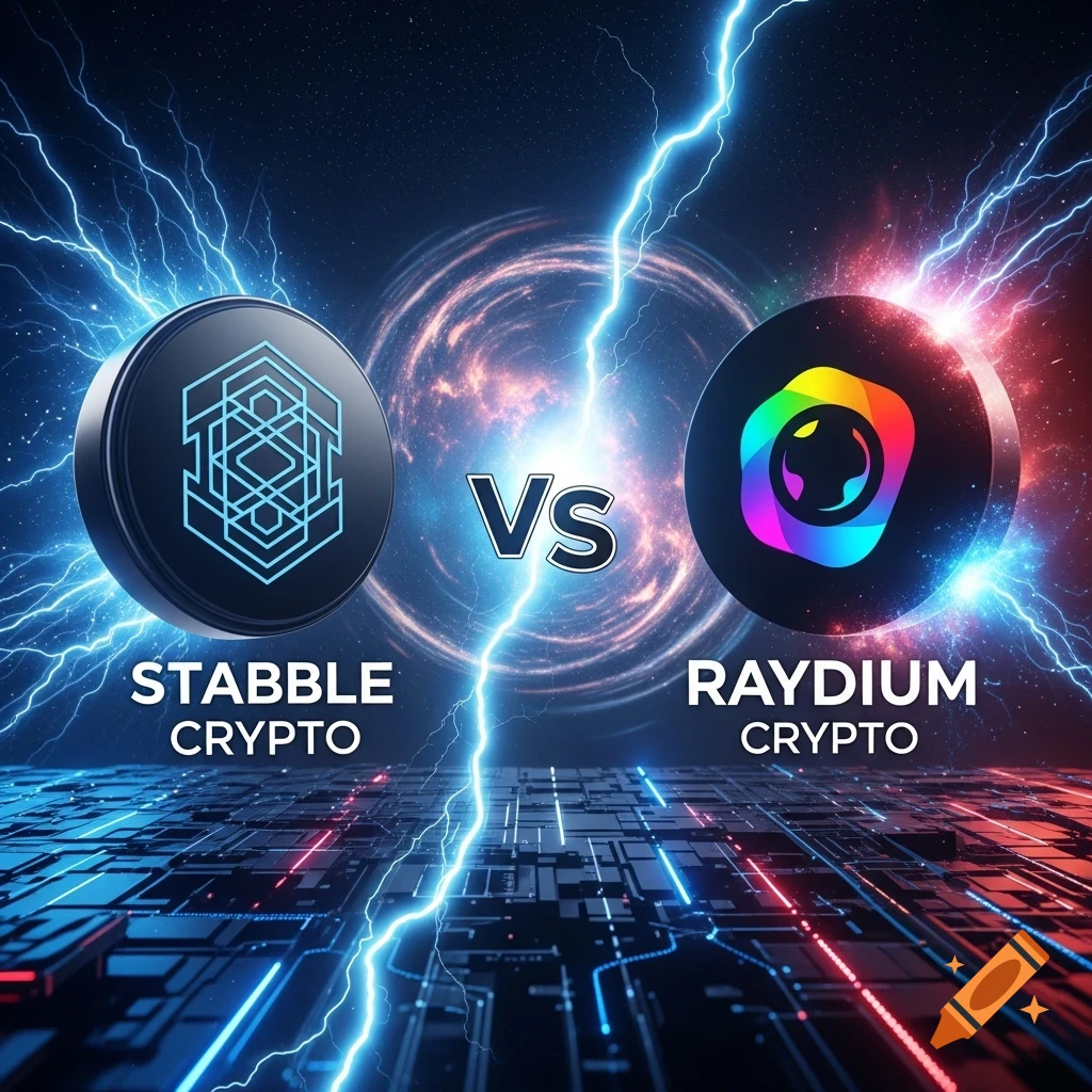 Two glowing crypto coins, 'STABLE CRYPTO' and 'RAYDIUM CRYPTO', in a 'VS' comparison with lightning and circuit board effects.