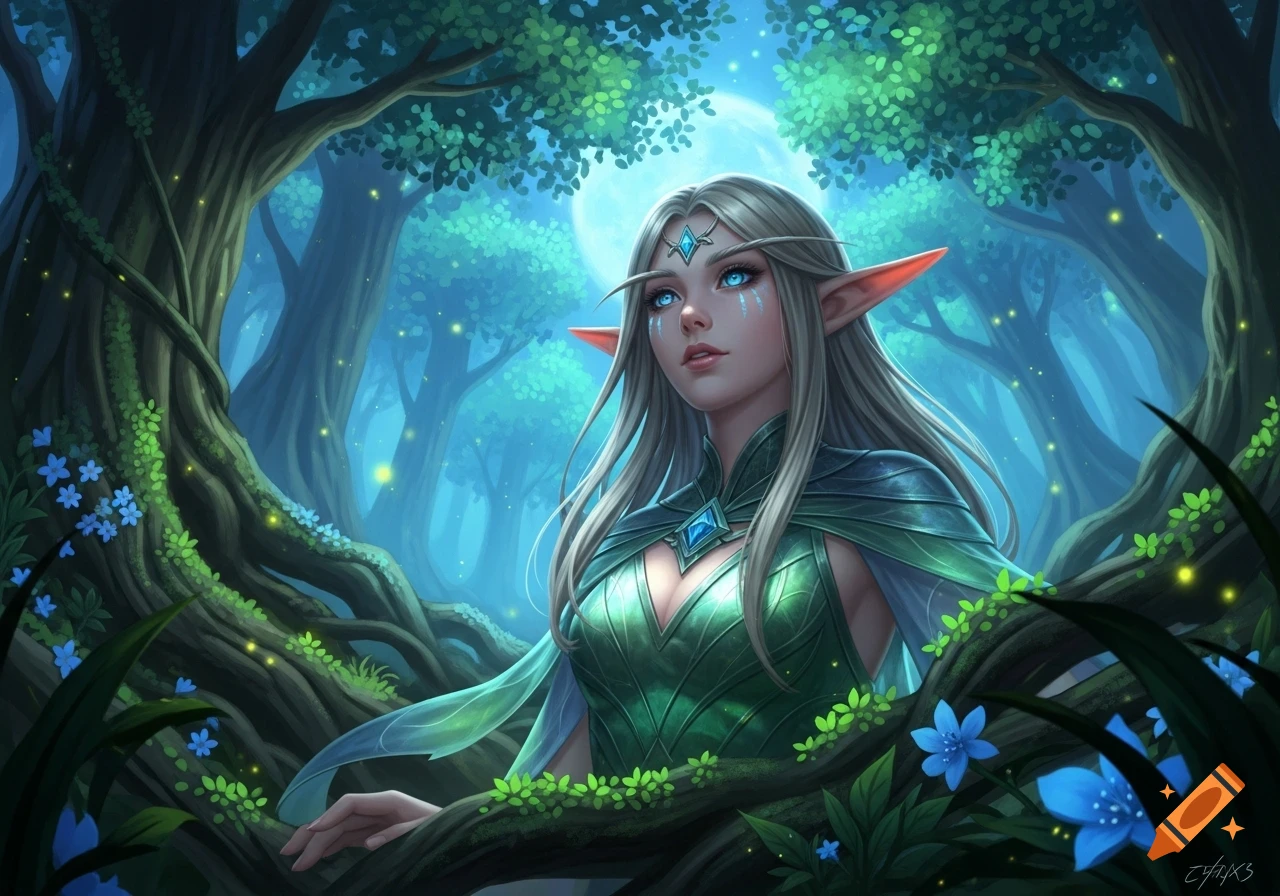 A female elf with long silver hair and glowing blue eyes in a magical forest under a large moon, digital fantasy art.