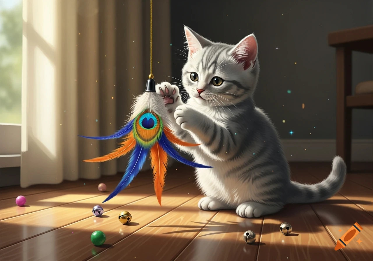 A cute striped grey kitten with green eyes plays with a colorful feather toy on a wooden floor, with sunlight streaming in.