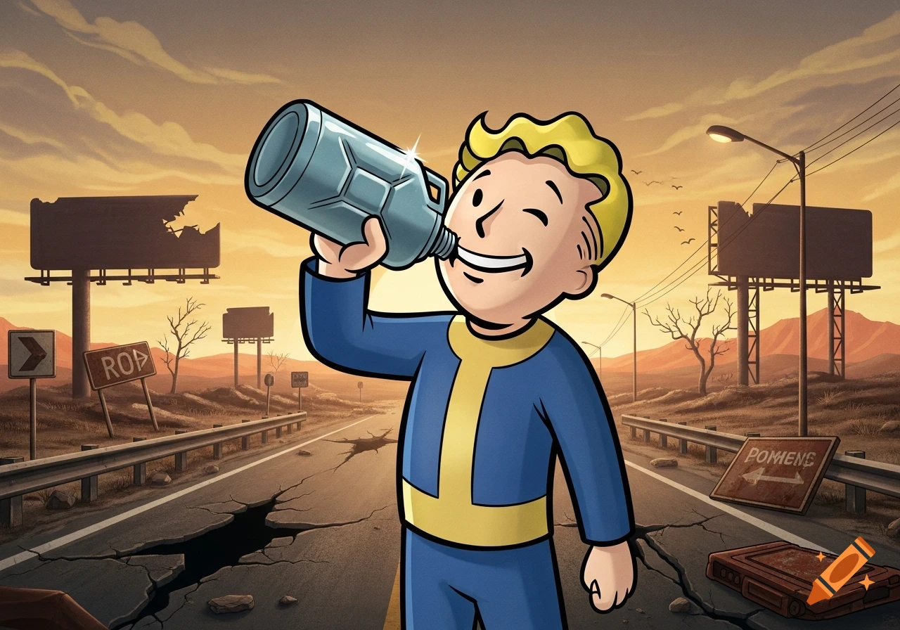 Vault Boy drinks from a container on a cracked road in a post-apocalyptic wasteland with broken billboards under an orange sky.