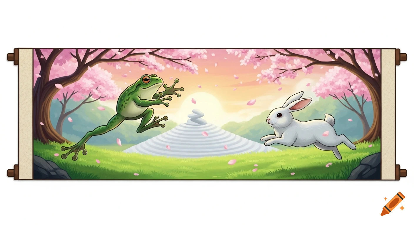 A cartoon frog and white rabbit leap across a Japanese scroll featuring cherry blossoms, a zen garden, and a sunrise.