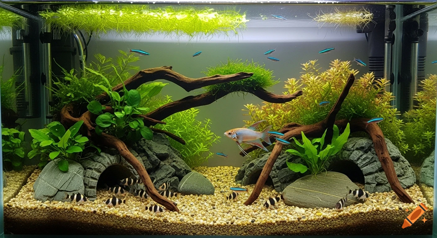 A vibrant freshwater aquascape features green plants, driftwood, rocks, and diverse fish like neon tetras and panda corydoras over gravel.