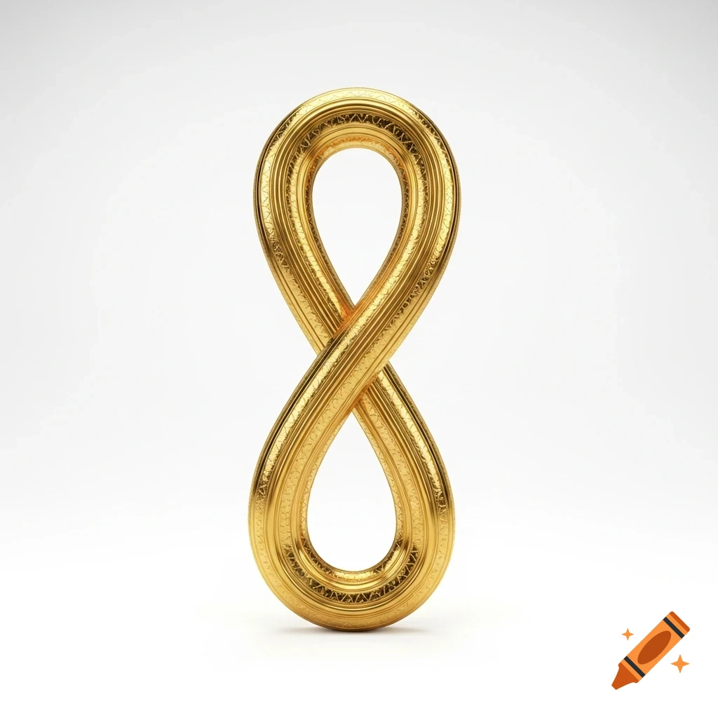 A golden, textured infinity symbol or figure-eight shape on a white background.