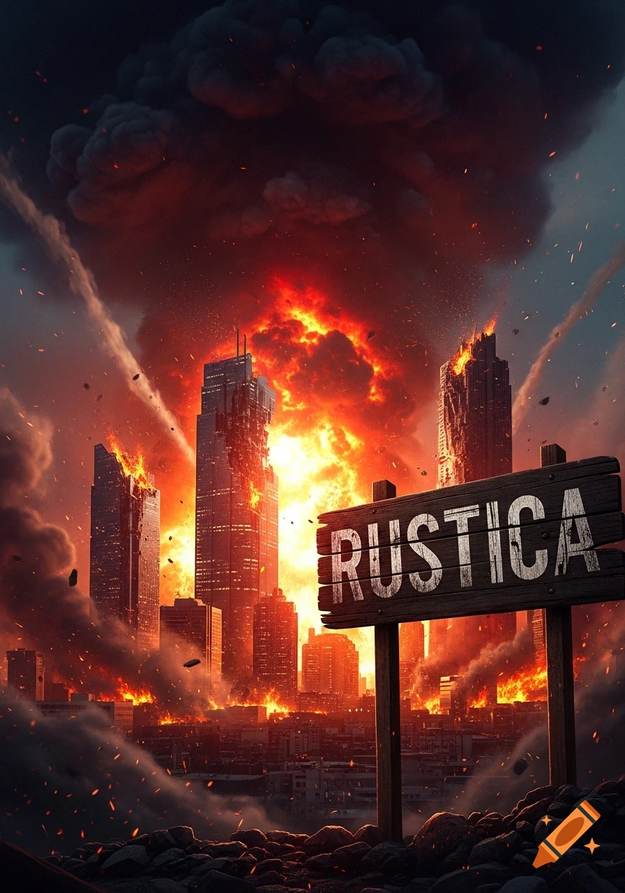 A city ablaze with massive explosions and smoke under a dark sky, with a wooden sign in the foreground reading "RUSTICA".