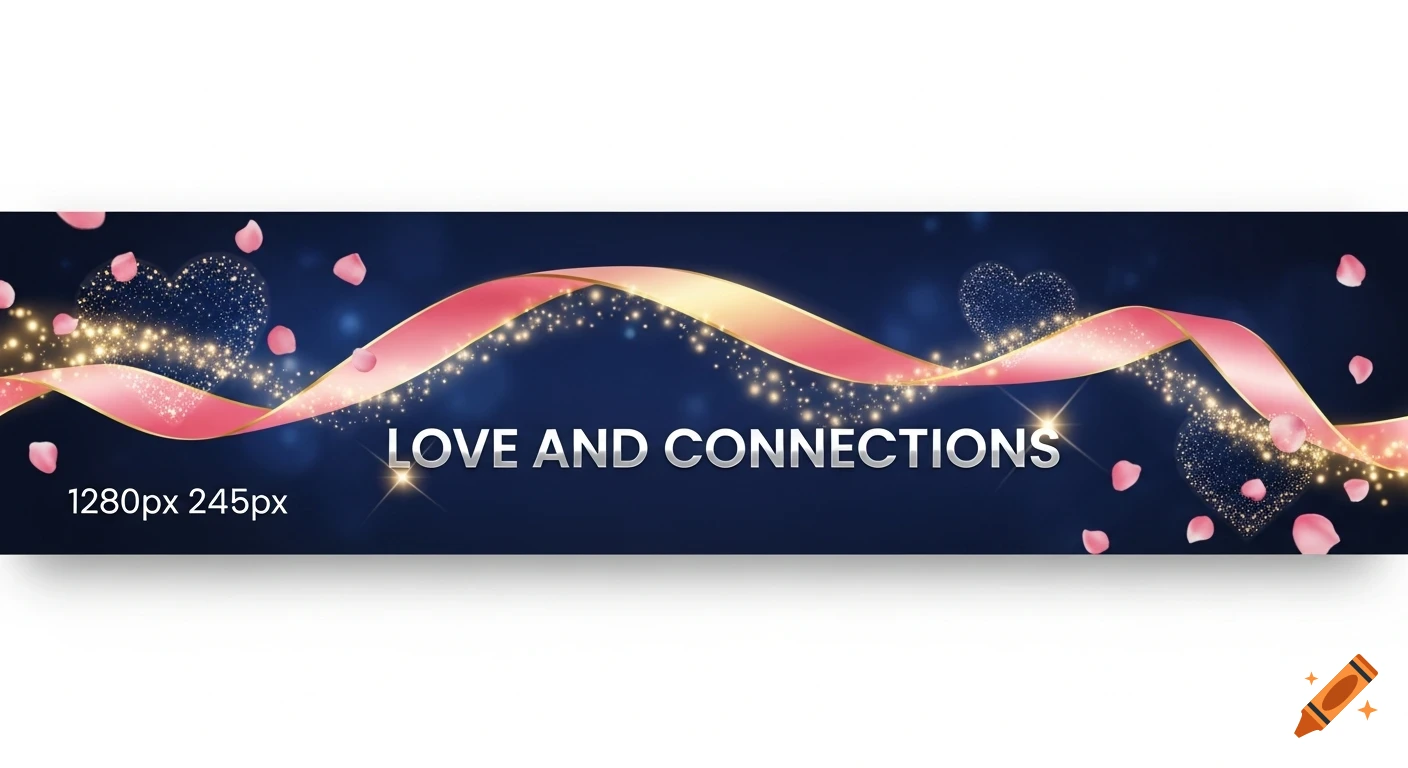 Dark blue banner with a flowing pink and gold ribbon, sparkling lights, floating rose petals, and hearts, featuring 'LOVE AND CONNECTIONS' text.