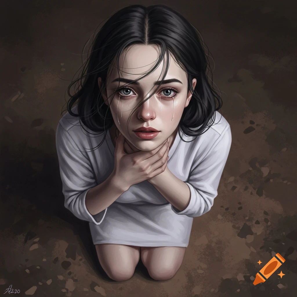 A dark-haired woman in a white shirt kneels on a brown surface, looking up with a crying, distressed expression and hands clasped around her neck.