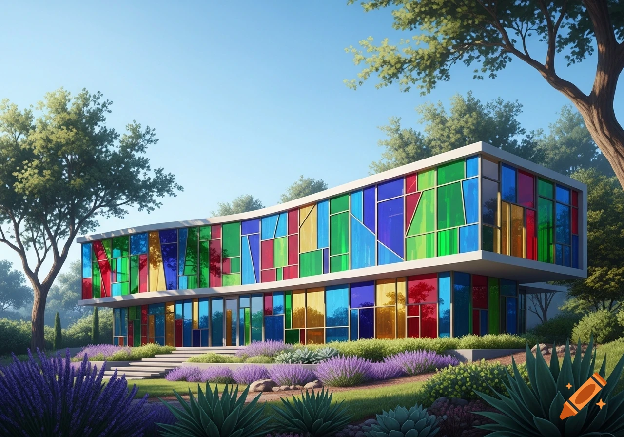 A modern, curved house featuring vibrant stained glass windows, set in a lush garden with purple flowers under a clear blue sky.