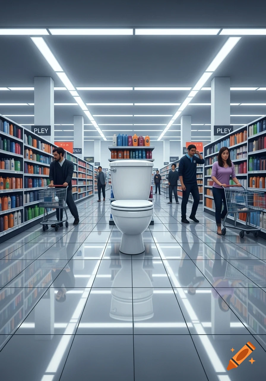 A toilet stands prominently in the middle of a brightly lit supermarket aisle, surrounded by shelves of products and shoppers pushing carts.