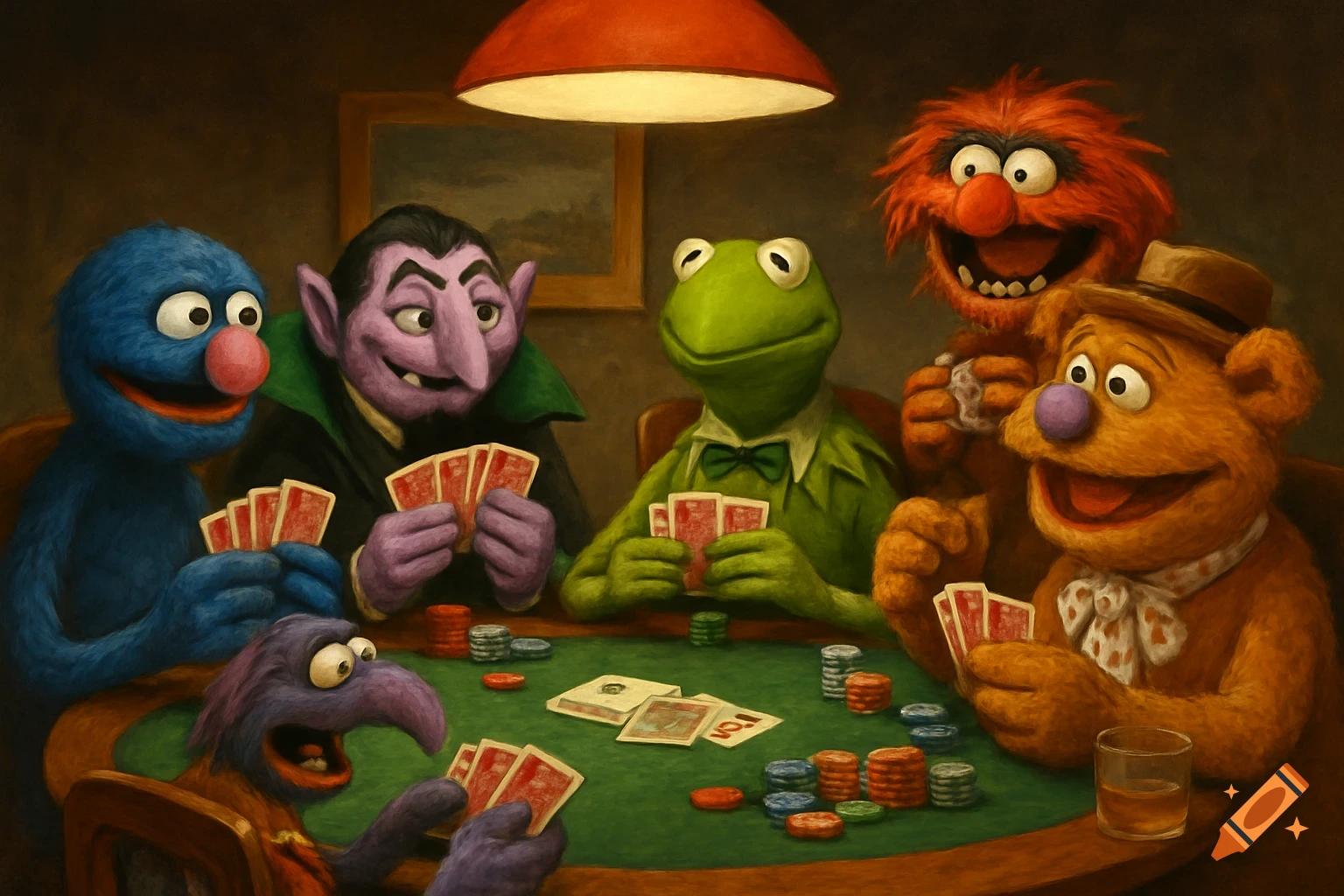 A painting in the style of 'Dogs Playing Poker' shows Muppet characters like Grover, Count von Count, Kermit the Frog, Animal, Fozzie Bear, and Gonzo playing cards around a green felt table.