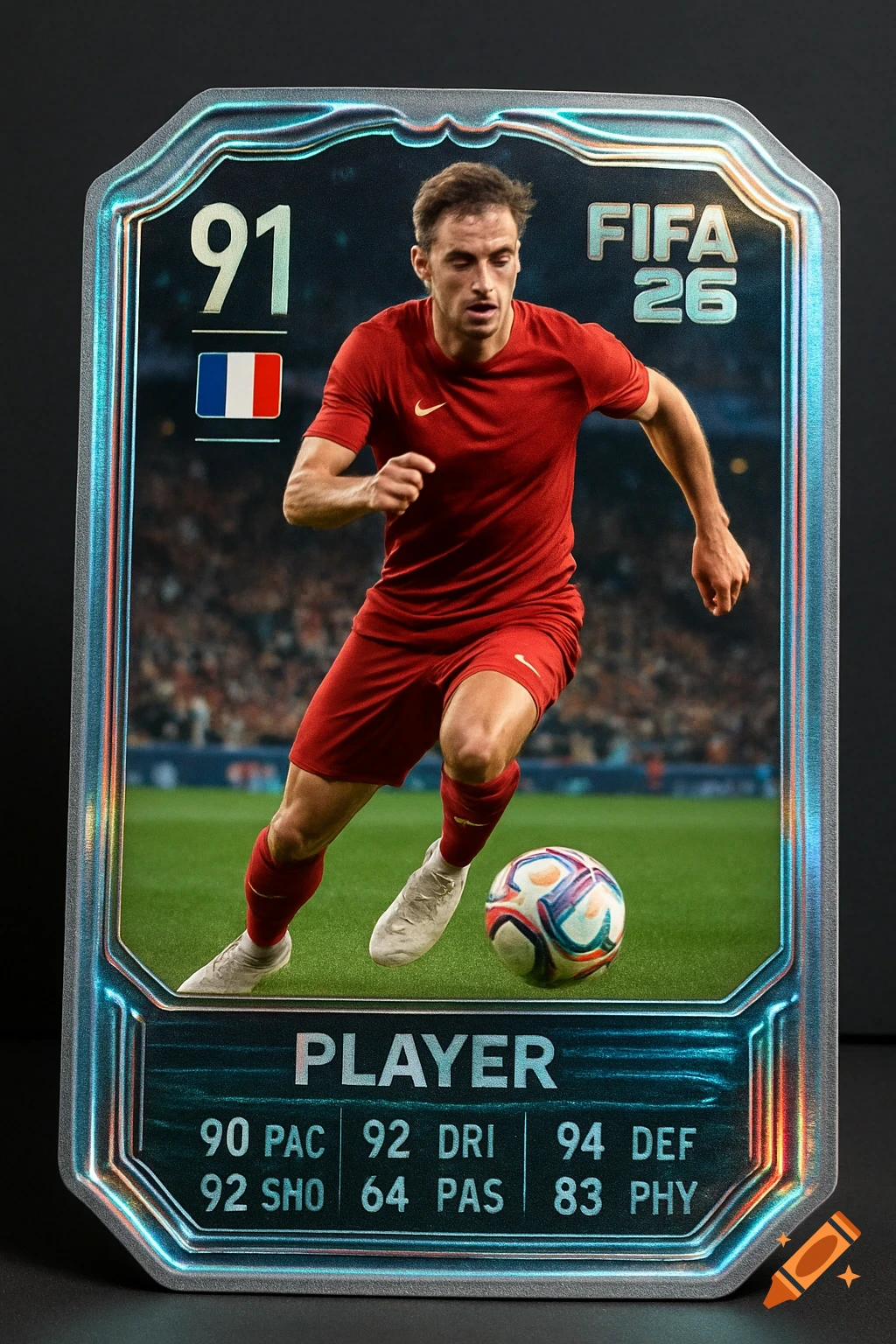 Photorealistic FIFA 26 trading card featuring a male soccer player in a red uniform dribbling a ball on a field.