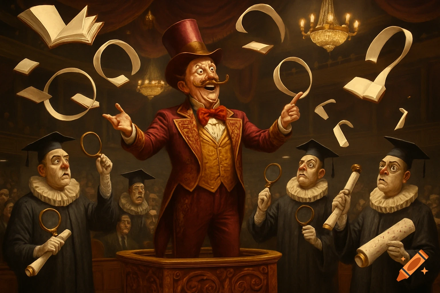 A grinning ringmaster in a top hat gestures amidst bewildered academics with magnifying glasses, as books and question marks float.