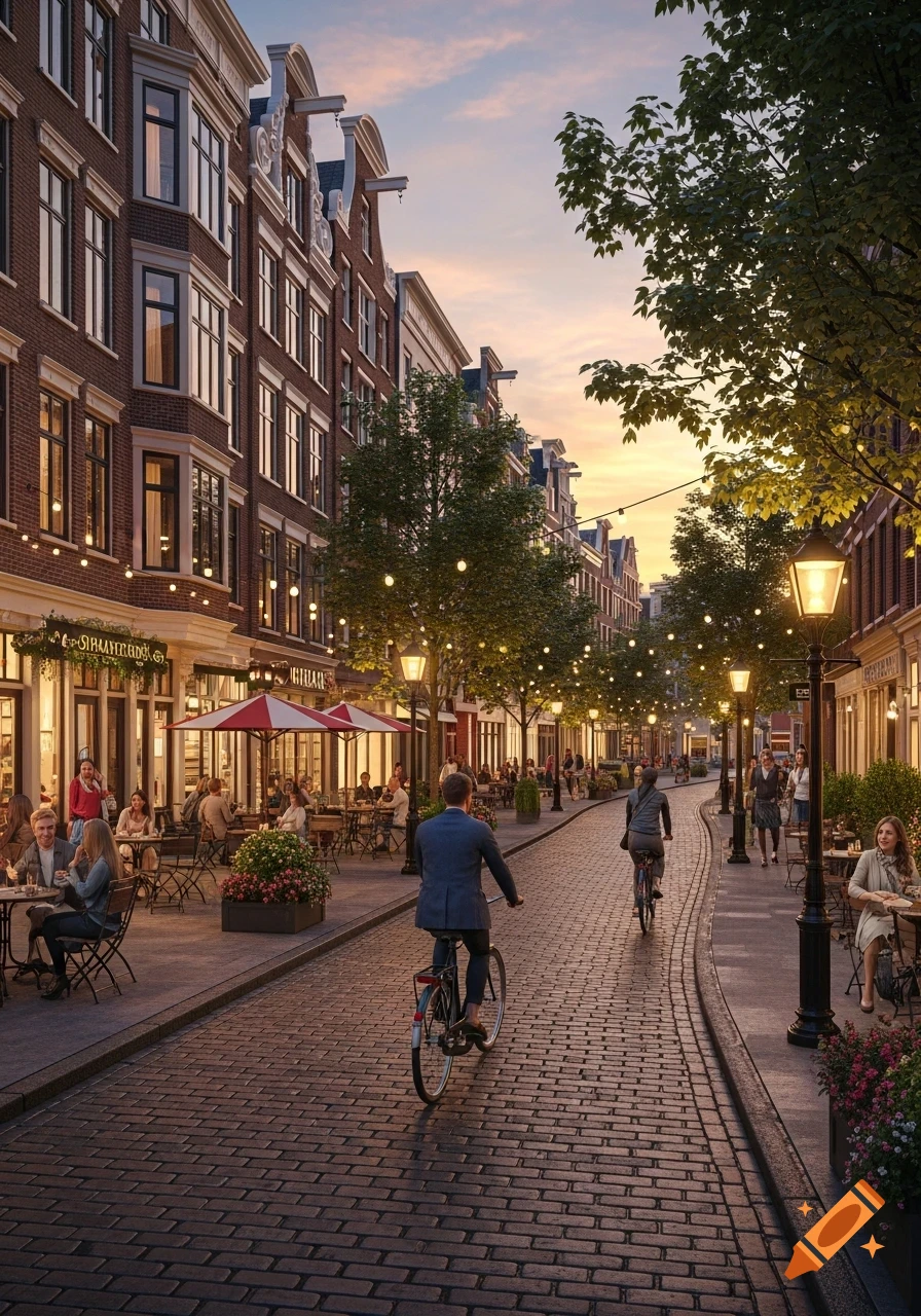 A photorealistic cobblestone street scene with Dutch-style buildings, outdoor dining, and people cycling at sunset.