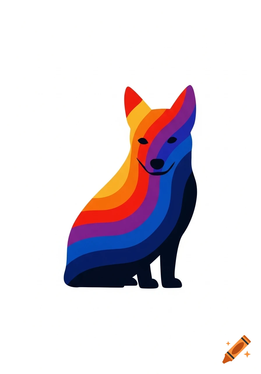 A stylized dog or fox figure made of horizontal rainbow stripes on a white background.