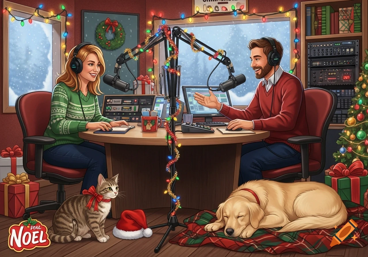 Two radio hosts, a woman and a man, in a festive Christmas studio with a tabby cat and a sleeping golden retriever.