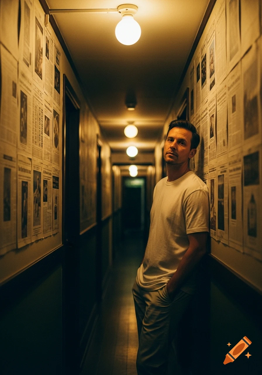 A man in a white t-shirt leans against a newspaper-lined hallway wall, lit by warm bulbs, in a moody retro cinematic style.