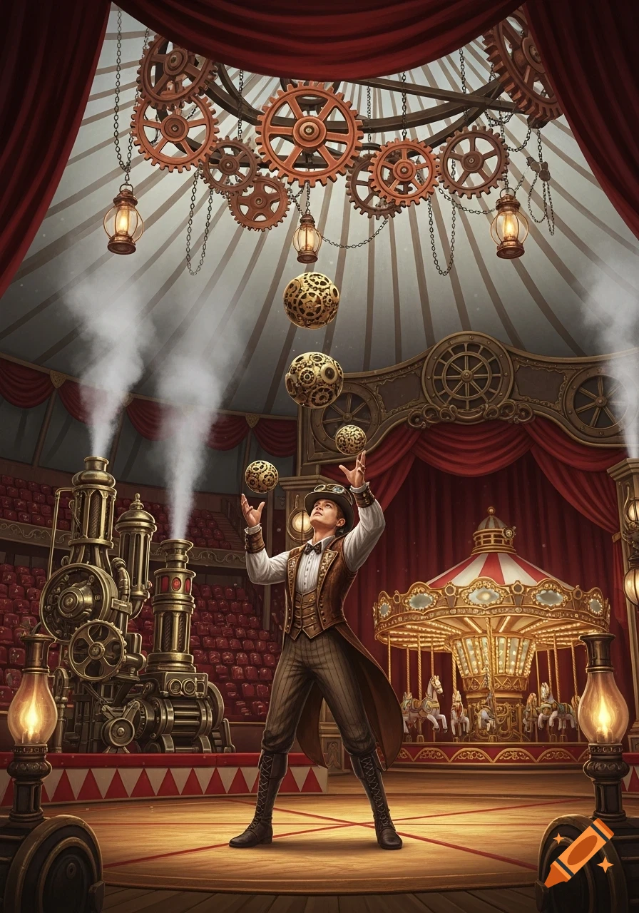A steampunk-dressed man juggles mechanical spheres on a circus stage, with a large steam engine and carousel in the background.