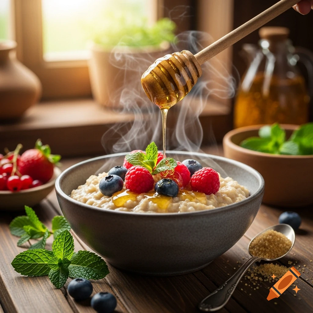 Hot oatmeal with berries and mint, drizzled with honey, on a wooden table.