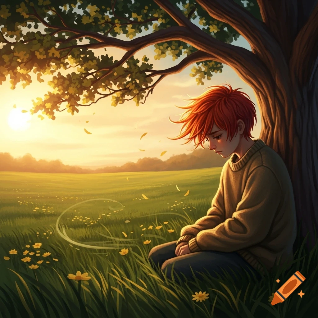 A sad red-haired boy sits under a tree in a field of yellow flowers at sunset, drawn in an anime style.