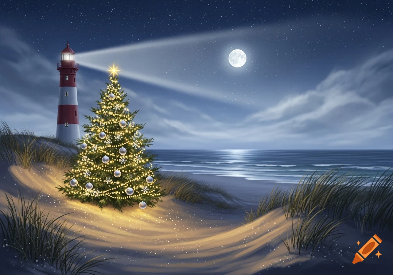 A festive Christmas tree illuminates a sandy beach at night, with a lighthouse and a full moon reflecting on the ocean.