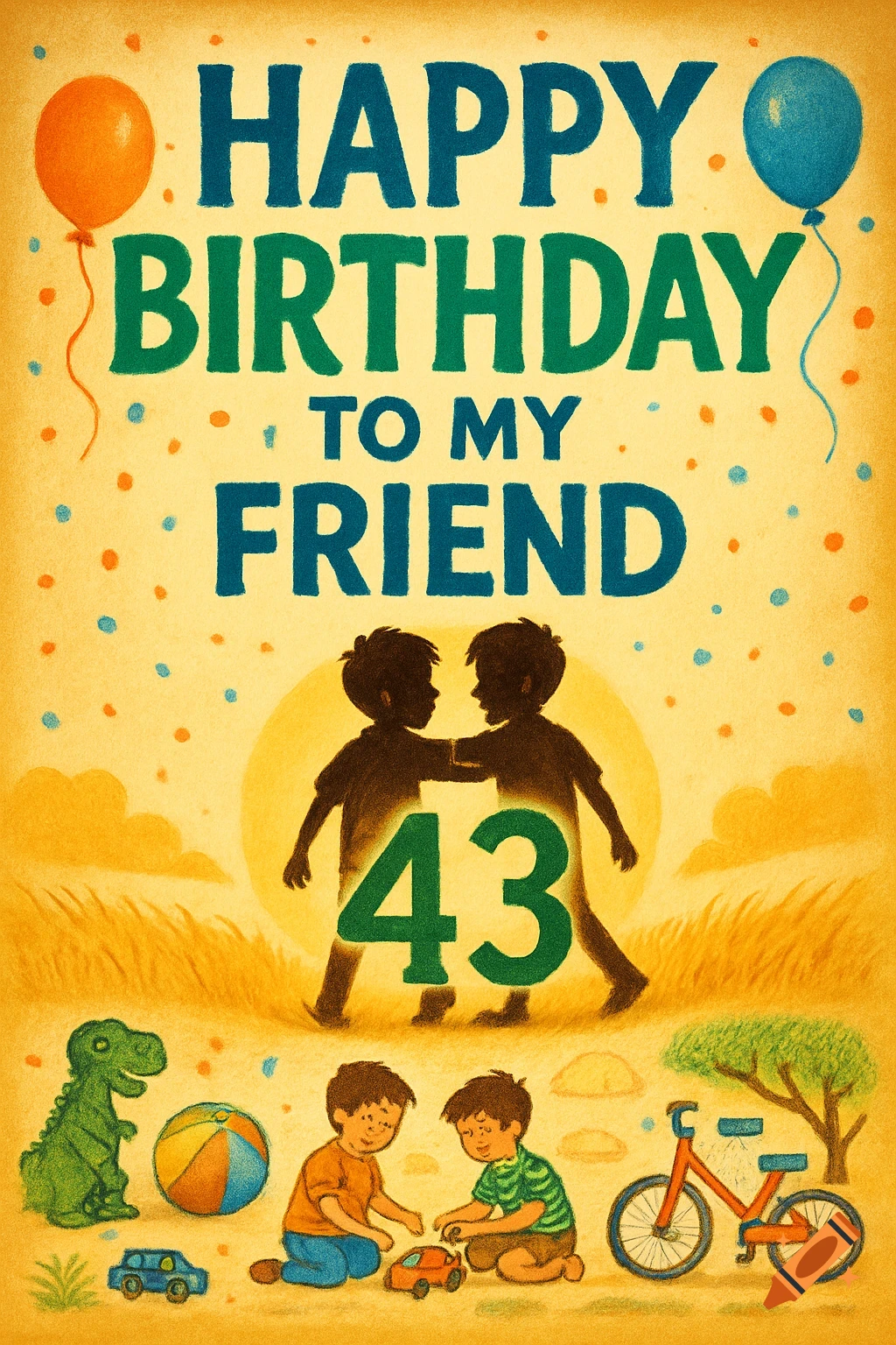 Vibrant illustrated birthday card with "HAPPY BIRTHDAY TO MY FRIEND 43", two boys playing with toys, silhouetted boys, and balloons.